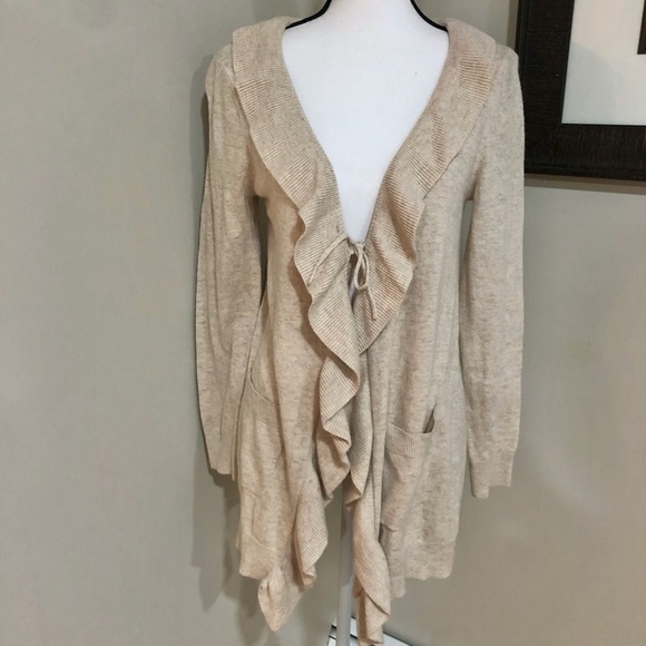 H&M Sweaters - **H&M* Tan Ruffle Trim Tie Front Cardigan Sweater